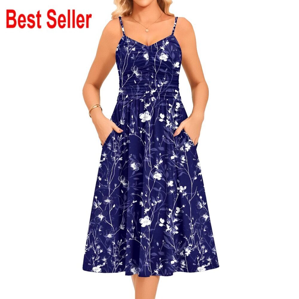 Summer Adjustable Spaghetti Strap Sundress Ruched V Neck Midi Flowy with Pockets